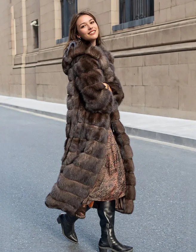 Manteau Chic Vintage Marron pour Femme, en Fausse Fourrure, à Capuche, Chaud, Épais, avec Bordure en Fourrure, Respectueux de l'Environnement