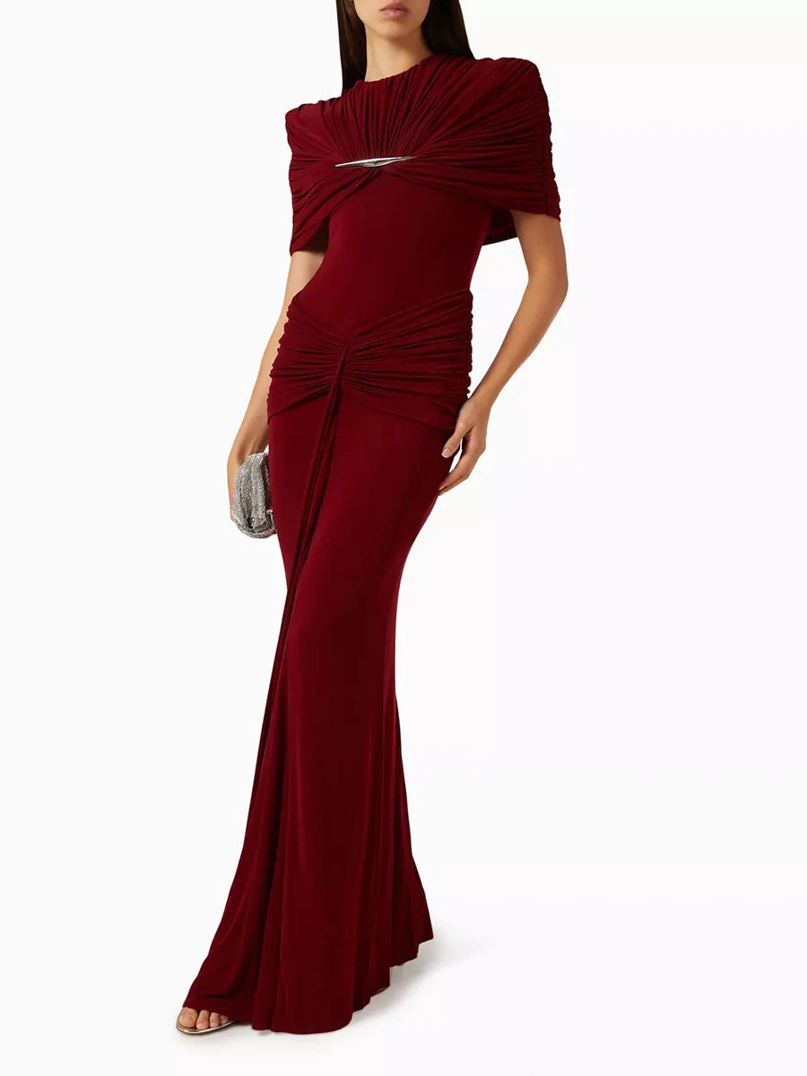 VGH Elegant Light Luxury Maxi Dress for Women Cape Sleeve Cutout Twist Waist Long Gown for Celebrity Formal Dinner Party Outfit