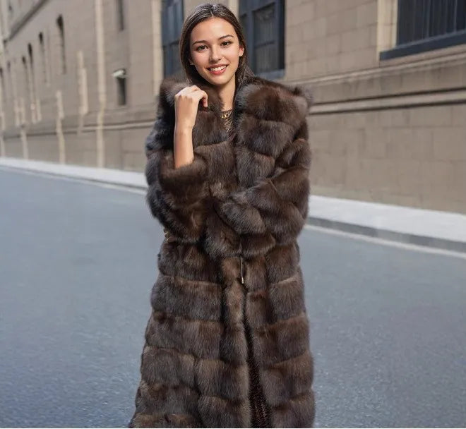 Manteau Chic Vintage Marron pour Femme, en Fausse Fourrure, à Capuche, Chaud, Épais, avec Bordure en Fourrure, Respectueux de l'Environnement