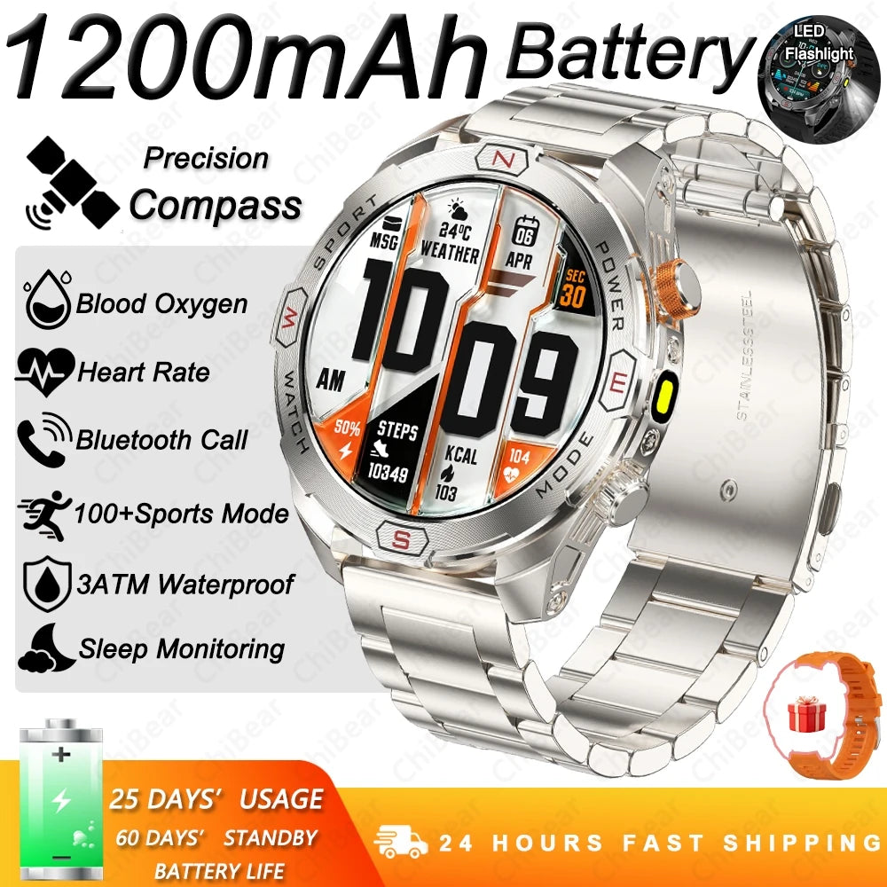 Military Grade 1200 mAh Battery Smart Watch Men LED Flashlight Outdoor Sports Fitness Tracker Compass Bluetooth Call Smartwatch