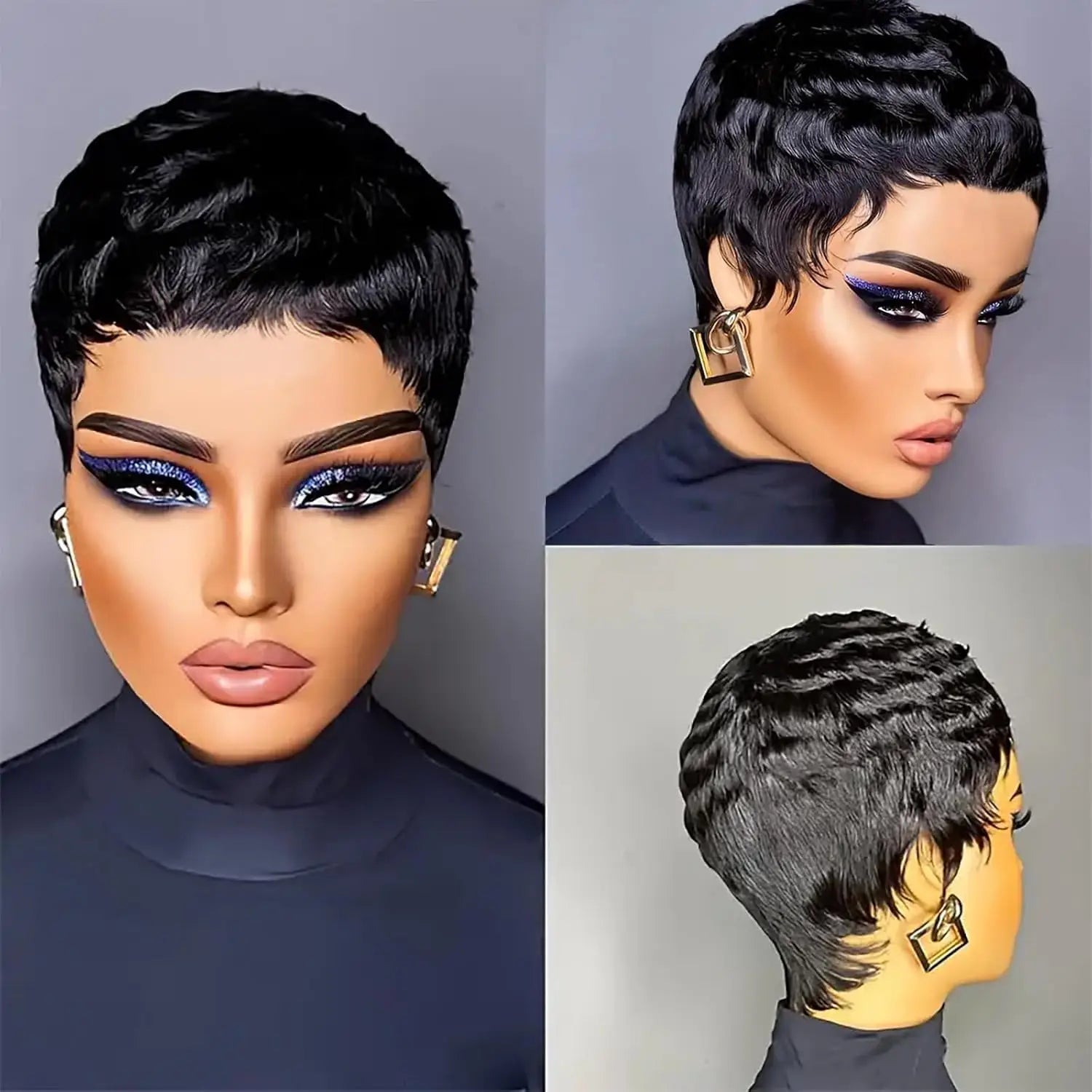 Short Pixie Cut Wig  With Bangs Human Hair 180 Density For Women Machine Made Wig