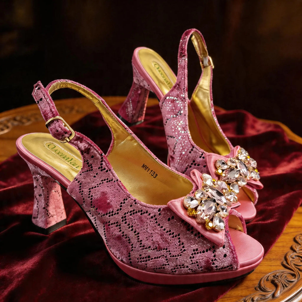 New Arrive Peep Toe Heels Bigger Size for Women 2026 Elegant Party Pink Color Diamond Pumps Italian Shoes and Bags Matching Set