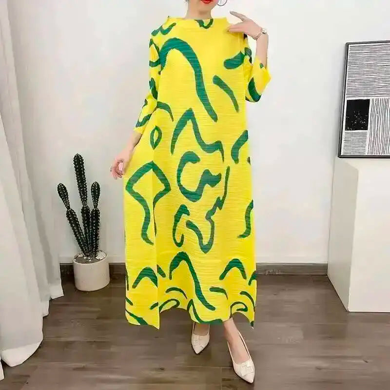 LANMREM Color Block Pleated Dress Women Loose Style Long Length Fashion Dresses Festival Clothes 2024 Spring Summer New 2DA1028