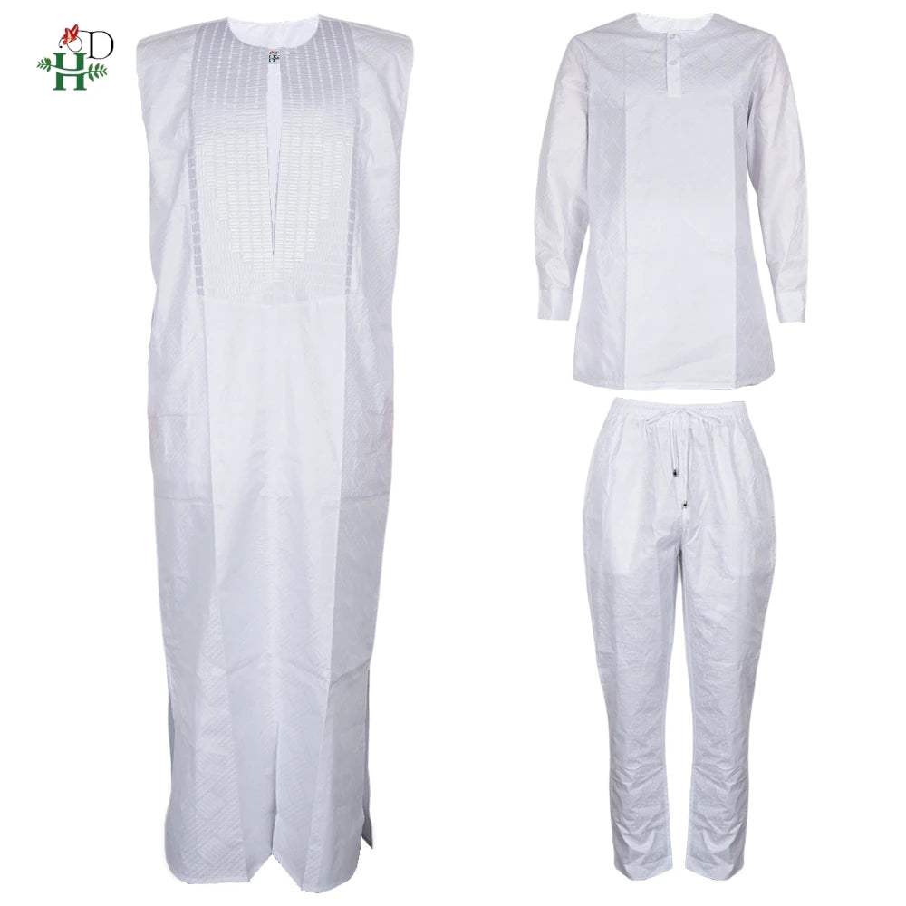 H&D African Clothing For Man Traditional Agbada Sets 3PCS Thobe Pant White Bazin Riche Embroidery Suits Wedding Party Plus Size