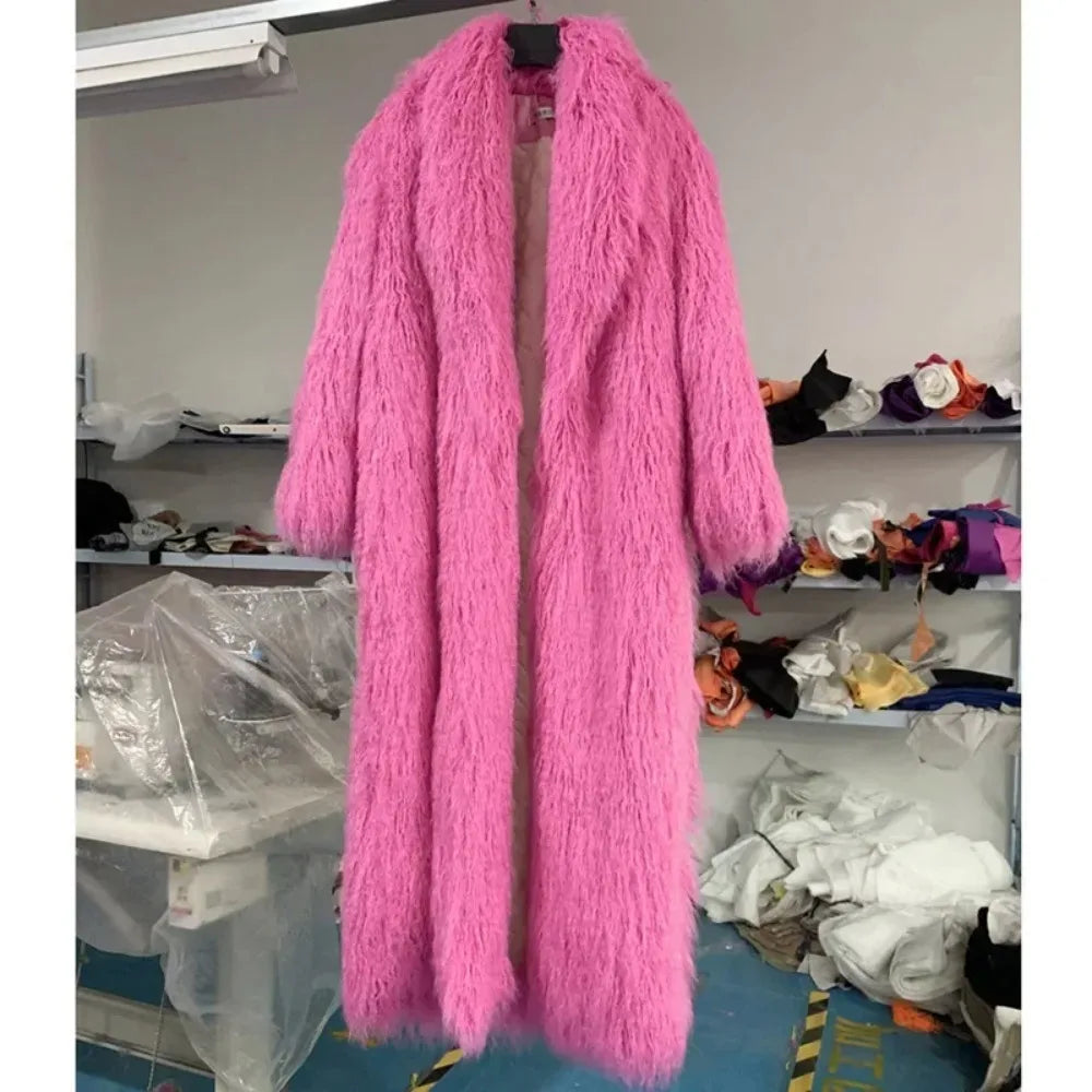Veste en fausse fourrure femme, manteau long épais et duveteux pour l'hiver, shaggy, ouvert, col rabattu, streetwear