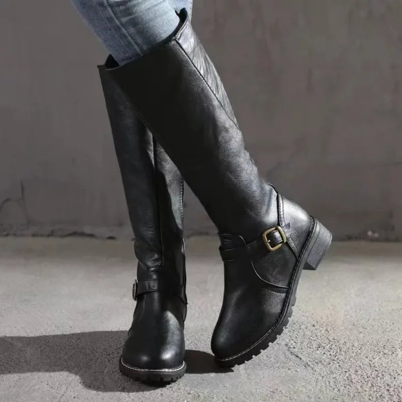 New Winter Women's Riding Boots 2024 Round Toe Chunky Heel Over-the-Knee High Boots Women's Buckle Platform Shoes Botas Mujer