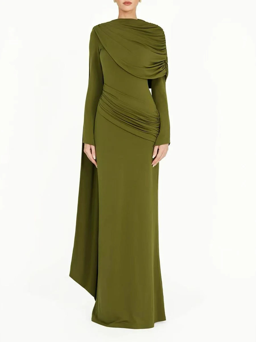 VGH Wedding Guests Green Shawl Mermaid Maxi Dress for Round Neck Flared Long Sleeve Draped Bodycon Skirt for Galas Red Carpet
