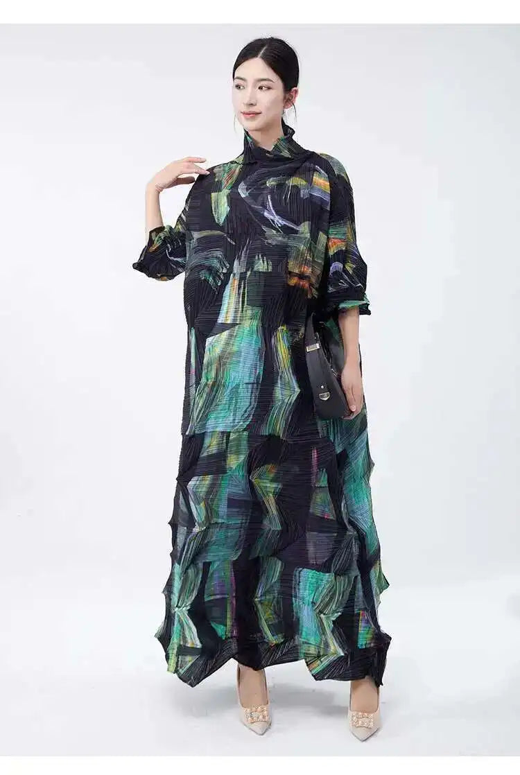 LANMREM Large Size Pleated Dress For Women Turtleneck Printing Loose Dresses Female Casual Clothing 2025 Spring New 2DB2113