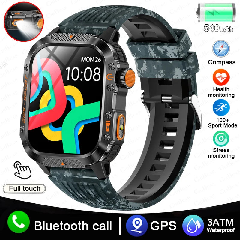 Military GPS Smartwatch Men | 2.01" AMOLED Flashlight Bluetooth 3ATM Waterproof
