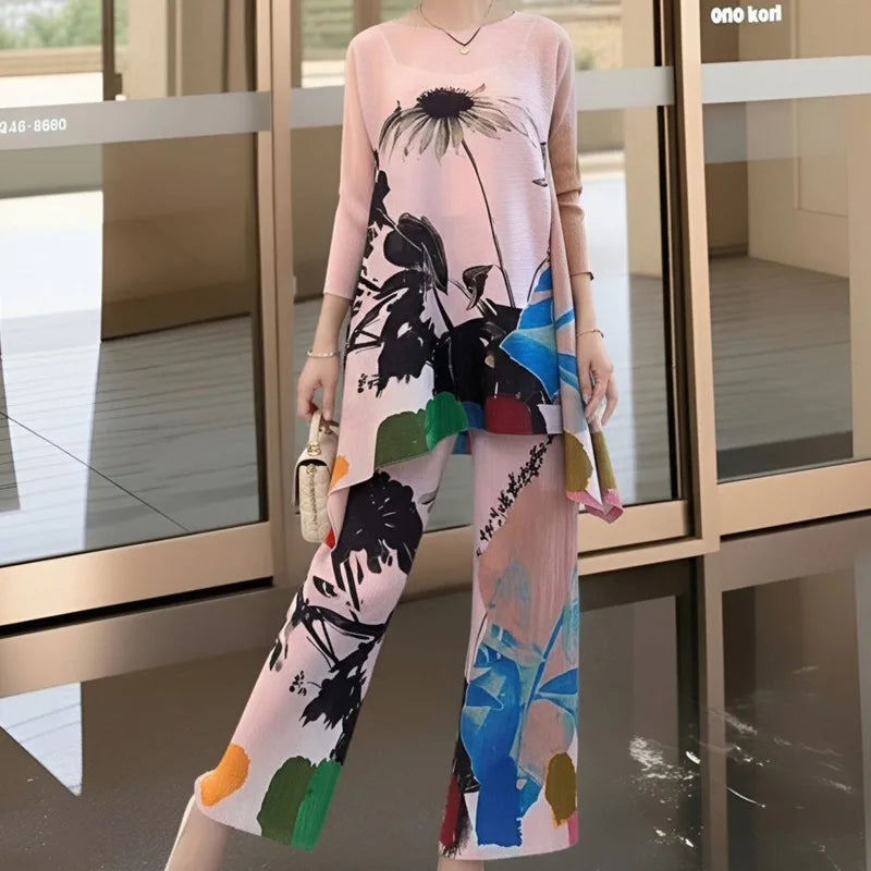 LANMREM Blue Green Tie-Dye Print Women's Two-piece Set Three-quarter Sleeves A-line Top Wide Leg Pants 2026 Spring New 2DB7115