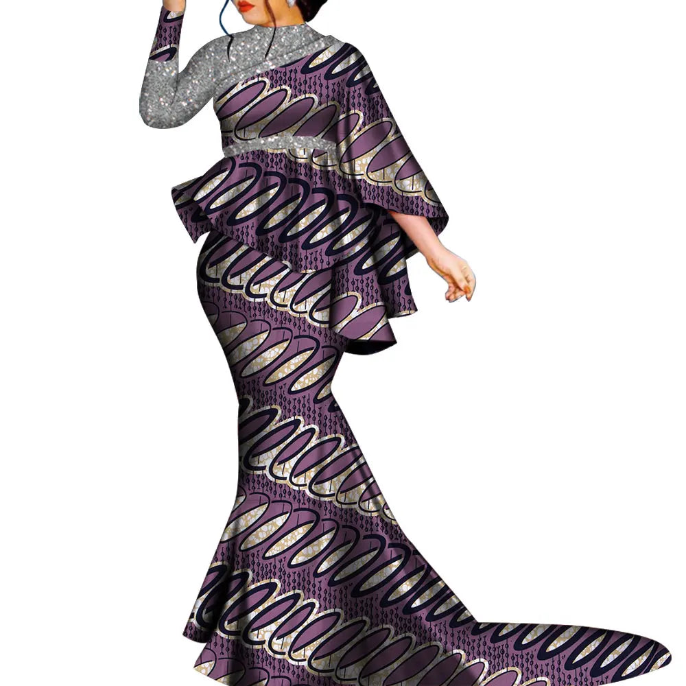 Women’s Ankara Print Bazin Riche 2-Piece Set – Sequin Bat Sleeve Top & Long Skirt | Dashiki | Party & Wedding | XS–6XL | 12 Prints