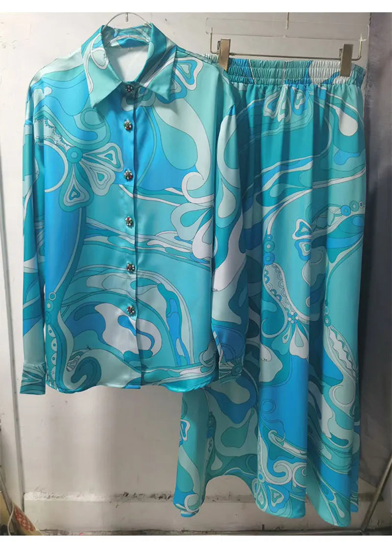 Retro Spring Fashion Two-Piece Set Geometric Print Long Sleeve Shirt Elastic Waist Fluffy Skirt Women's Holiday Outfit
