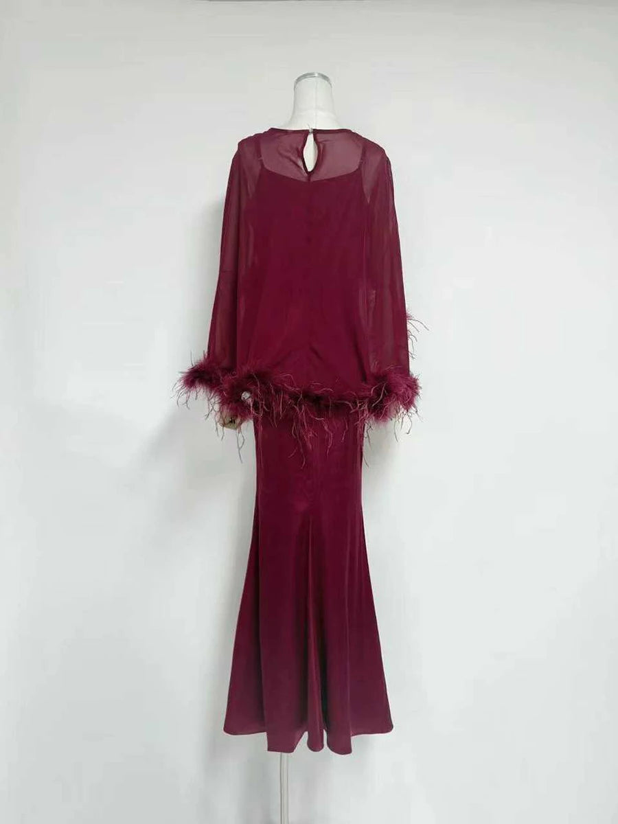 VGH Formal Feather Cape Sleeve Maxi Dress for Women O Neck Spaghetti Strap Floor Length Long Evening Prom Cocktail Party Gown