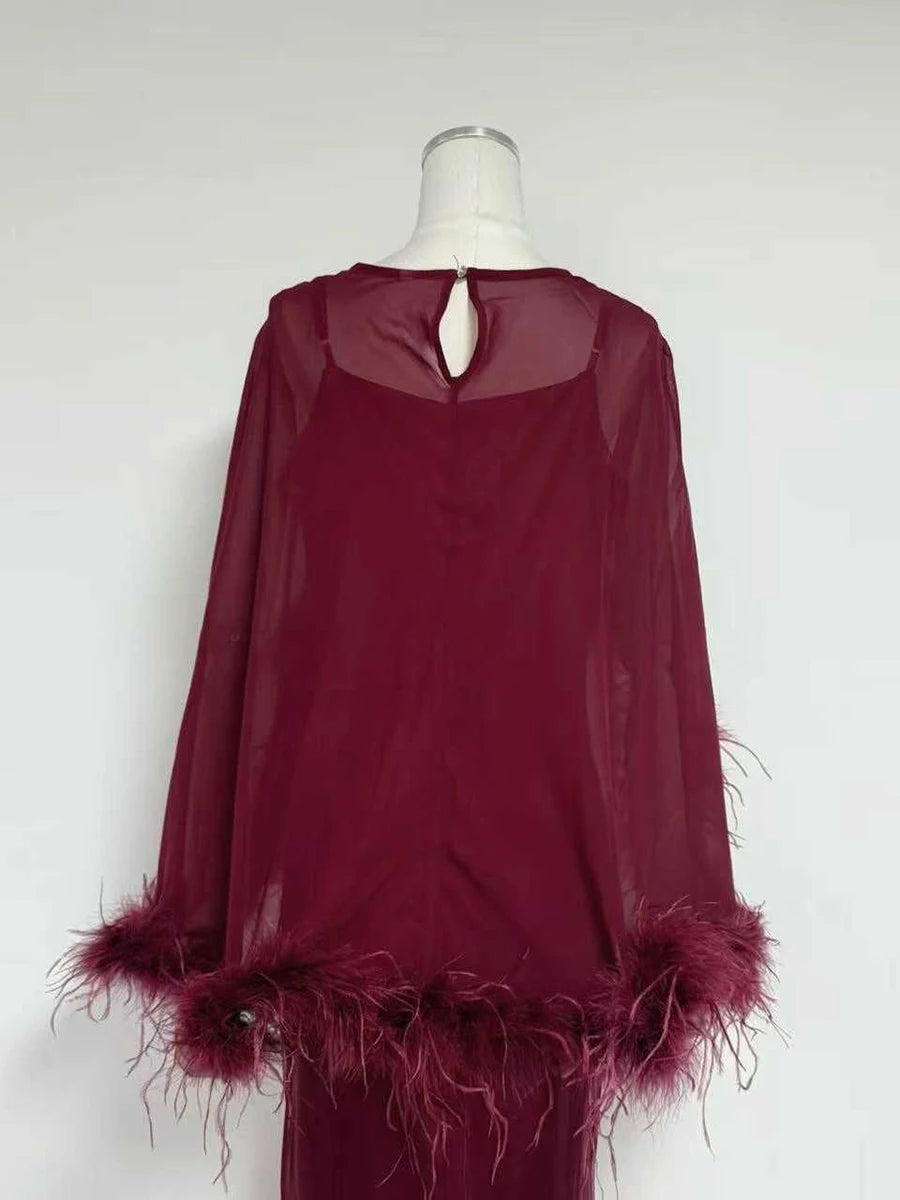 VGH Formal Feather Cape Sleeve Maxi Dress for Women O Neck Spaghetti Strap Floor Length Long Evening Prom Cocktail Party Gown