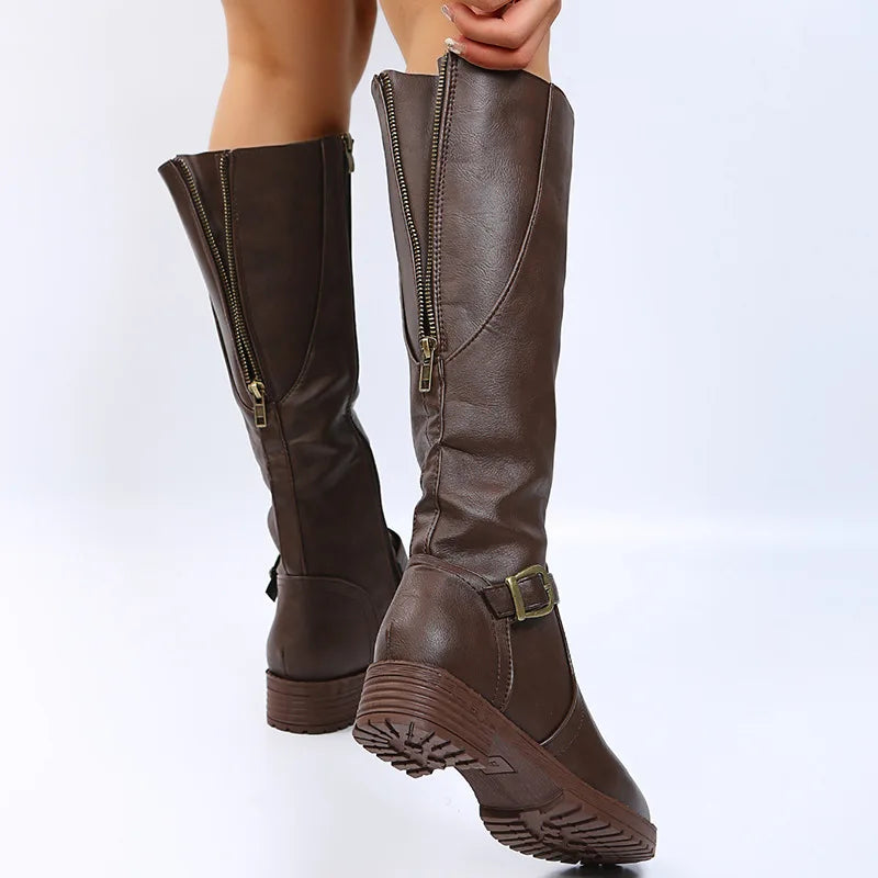 Women Knee High Boots Platform Long Boots Low Heels Round Toe Shoes New Zip Brown High Boot Vintage Pu Leather Women Boots 2025
