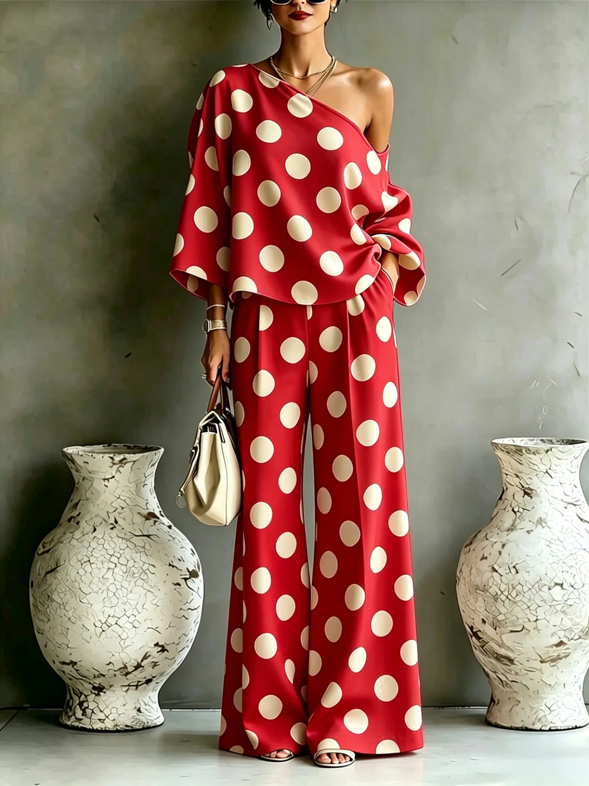 Women's Polka Dot Two-Piece Set — Slant Shoulder Top & High Waist Wide Leg Trousers