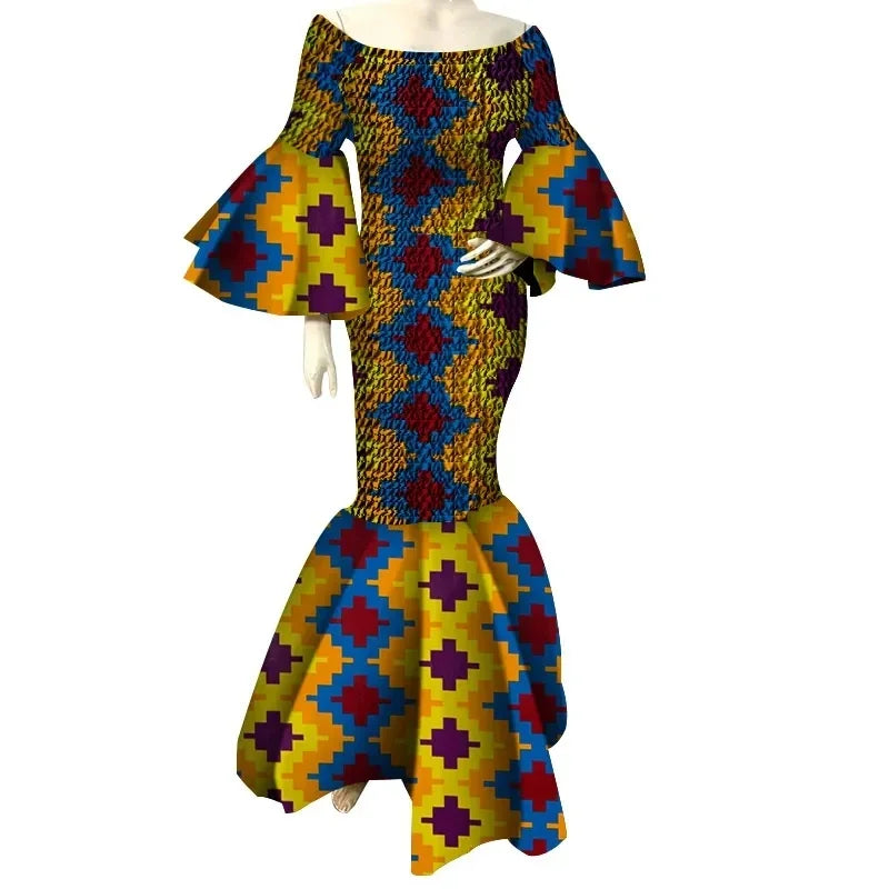 Women’s Ankara Print Ruffle Sleeve Stretch Maxi Dress – Draped | Kanga | Wedding, Party & Casual | XS–6XL + Custom | 9 Prints