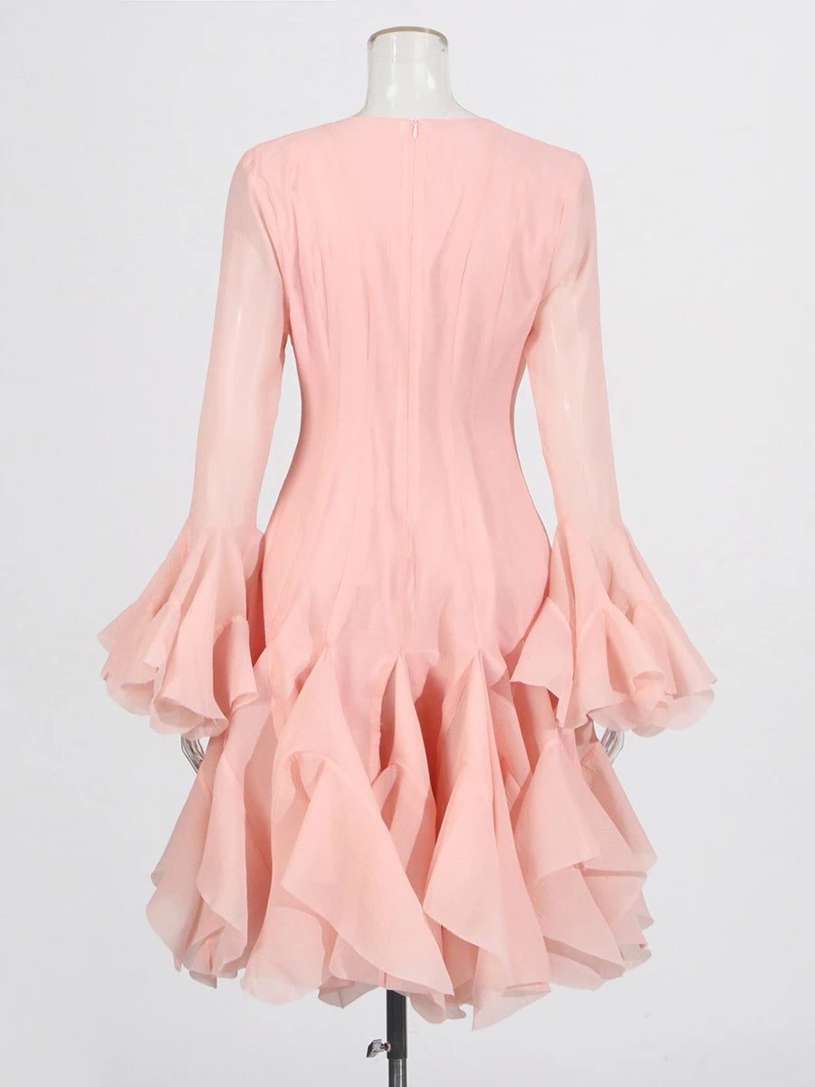 VGH Patchwork Irregular Hem Midi Dress for Women Round Neck Ruffles Sleeve High Waist Temperament Elegant Prom Dresses Female