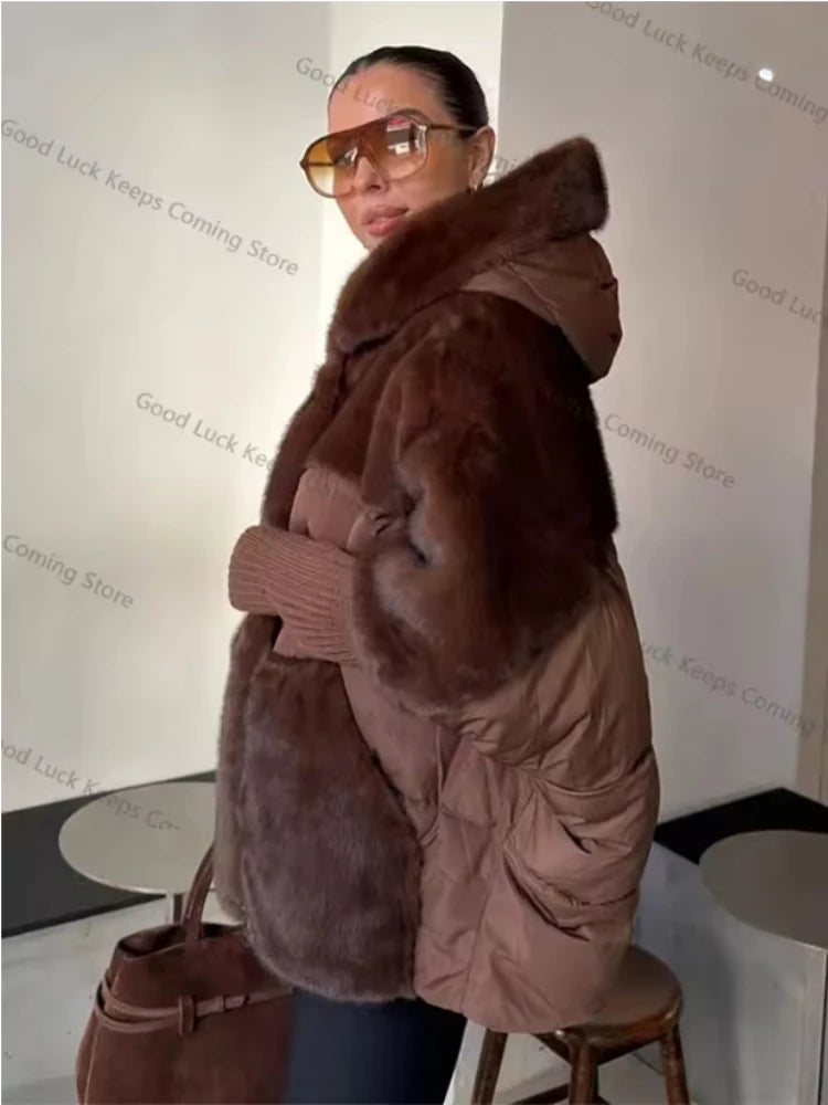 Women Fashion Hooded Patchwork Faux Fur Coat Knitted Sleeve Drop Shoulder Oversize Cotton Coats Autumn Winter 2026 Street Jacket