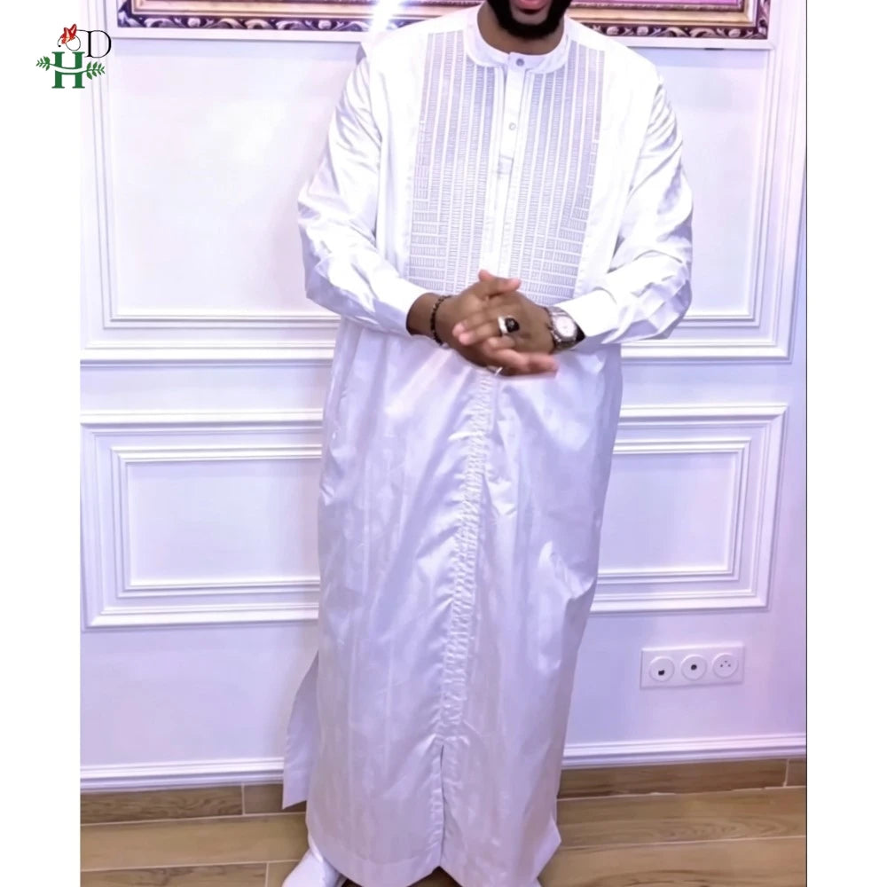 H&D African Clothing For Man Traditional Agbada Sets 3PCS Thobe Pant White Bazin Riche Embroidery Suits Wedding Party Plus Size