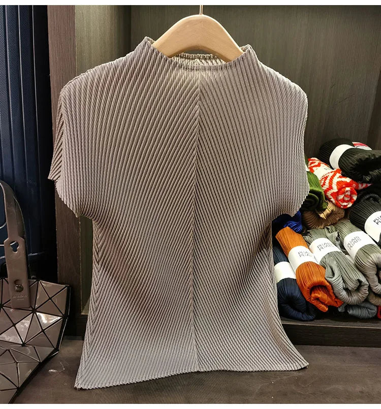 LANMREM Stand Collar Dragon Scale Pleated T-shirt High-end Versatile Slimming Short Sleeved Women's Summer Pullover Tops 2DB3044