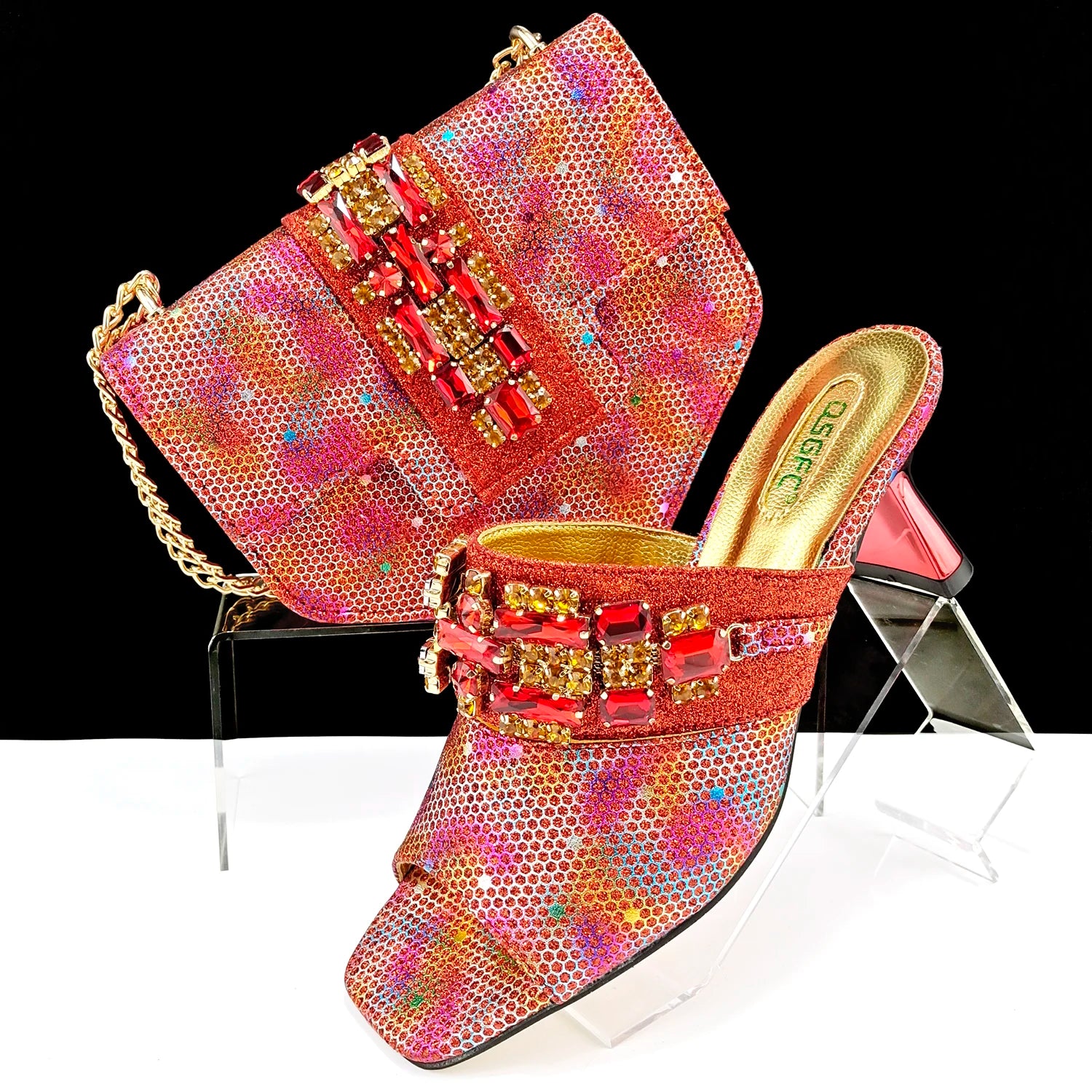 Italian Fashion Square toe Women Strange Heels Bigger size Fashion Rhinestone Decoration Brown Shoes And Bag set Party bag