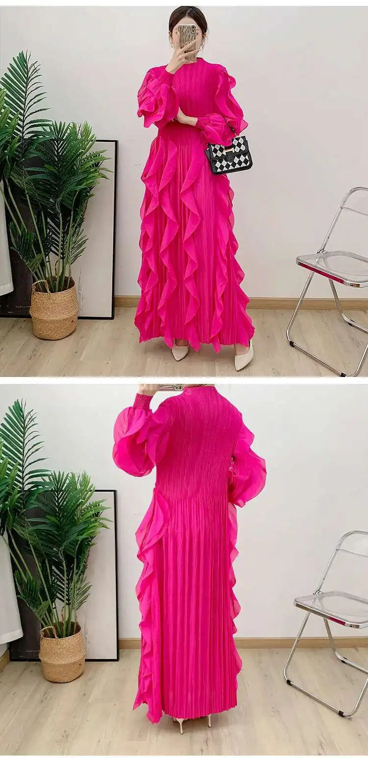 LANMREM Elegant Pleated Dress For Women Stand Collar Puff Sleeves High Stretch Personalized Dresses 2025 Spring New 2Z2817