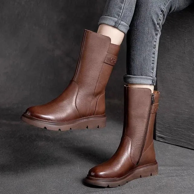 Genuine Leather Mid-Calf Motorcycle Boots Women's Autumn Winter New Style Retro Soft Bottom  Boots Trendy Short Boots