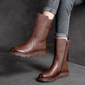 Genuine Leather Mid-Calf Motorcycle Boots Women's Autumn Winter New Style Retro Soft Bottom  Boots Trendy Short Boots