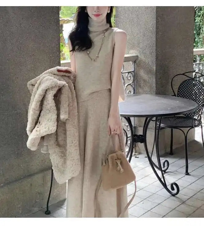 Ensemble 3 Pièces Tricoté Élégant Femme – Long Cardigan, Gilet Sans Manches, Jupe Longue Taille Haute Évasée