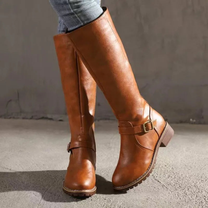 New Winter Women's Riding Boots 2024 Round Toe Chunky Heel Over-the-Knee High Boots Women's Buckle Platform Shoes Botas Mujer