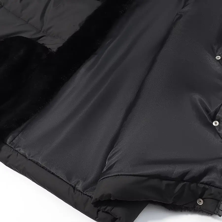 Women Fashion Hooded Patchwork Faux Fur Coat Knitted Sleeve Drop Shoulder Oversize Cotton Coats Autumn Winter 2026 Street Jacket
