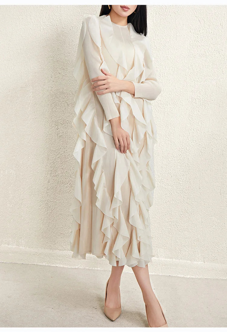 Miyake Style Pleated Dress for Women 2025 Solid Color Round Neck Long Sleeve Loose Large Size Ruffled Irregular Long Skirt