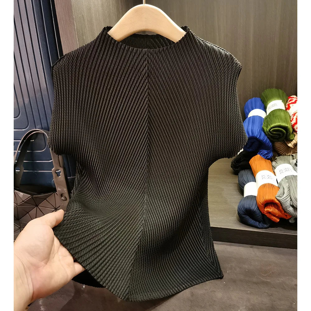 Dragon Scale Pleated Stand Collar Top – Women's Slim Fit Short Sleeve Blouse
