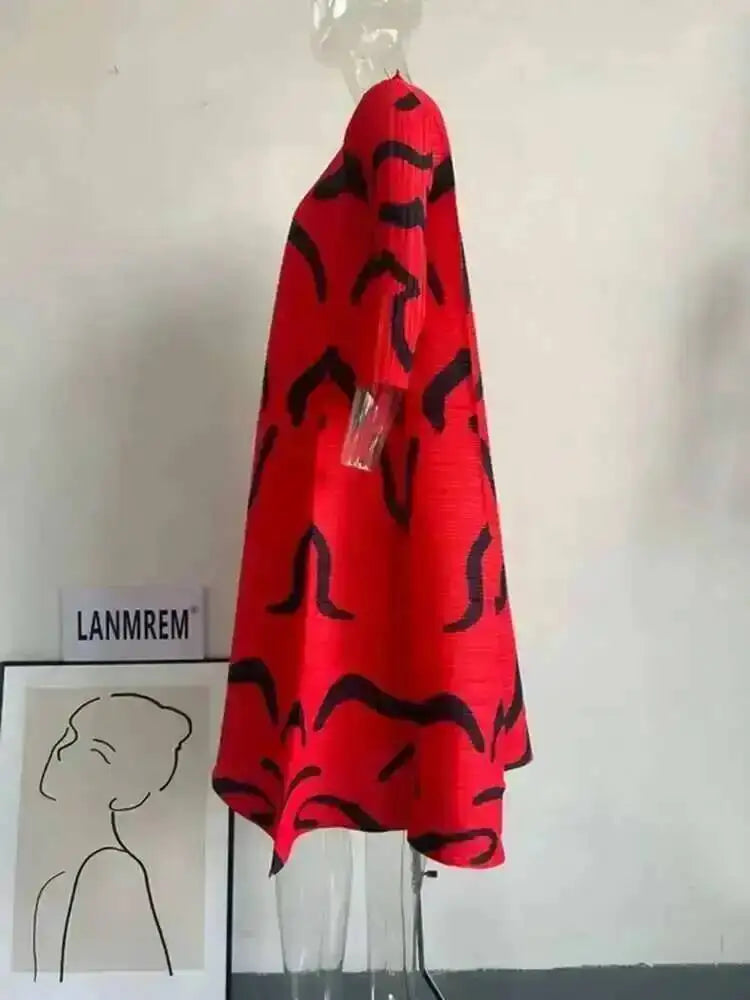 LANMREM Color Block Pleated Dress Women Loose Style Long Length Fashion Dresses Festival Clothes 2024 Spring Summer New 2DA1028