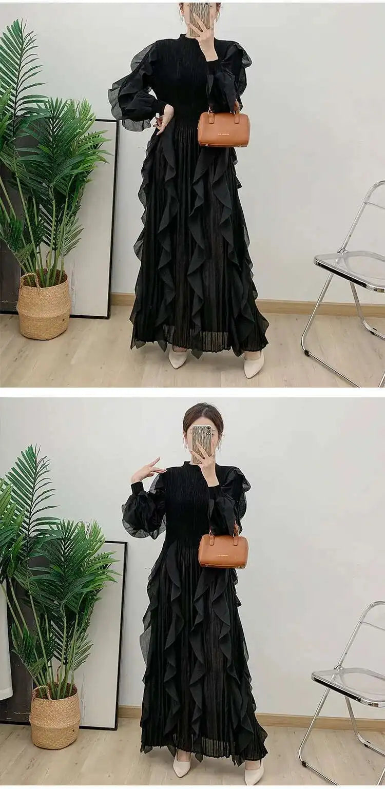 LANMREM Elegant Pleated Dress For Women Stand Collar Puff Sleeves High Stretch Personalized Dresses 2025 Spring New 2Z2817