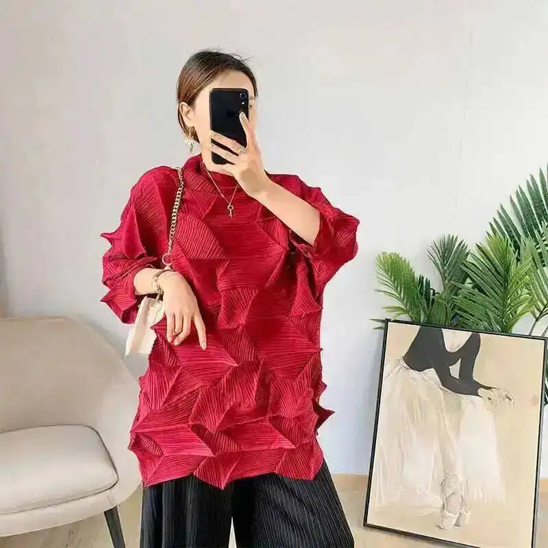 Women's Pleated Stand Collar Top | Loose Solid Colour Chic T-Shirt | Spring Summer 2026 | AvantBah