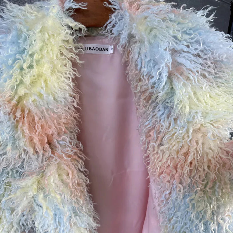 LANMREM Trendy Women's Faux Fur Coat Printed Colorful Furry Coats Autumn Winter Chic Suit Collar Thick Long Overcoat 2DB5840