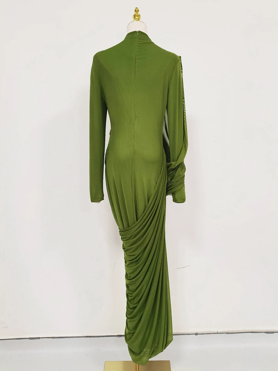 Women's Elegant Vintage Spliced Ribbon Turtleneck Long Sleeve Evening Maxi Dress
