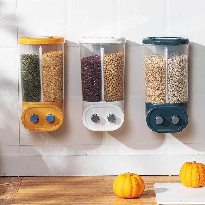Grids Food Grains Storage Box Tank Sealed Moisture Proof Rice Buckets Wall Mounted Kitchen Bulk Classified Container