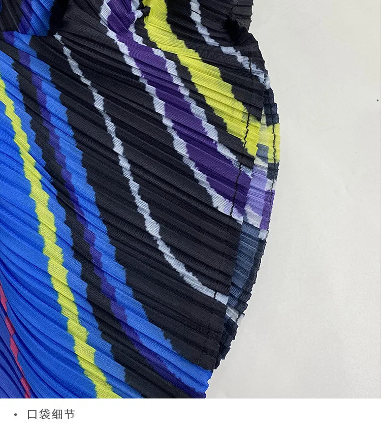 2025 Spring New Women's 2 Piece Set Miyake Pleated Top Fashion Stripe Age Reducing Suit Fashionable Matching Printed Half Skirt