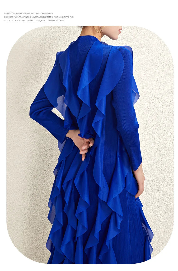 Miyake Style Pleated Dress for Women 2025 Solid Color Round Neck Long Sleeve Loose Large Size Ruffled Irregular Long Skirt