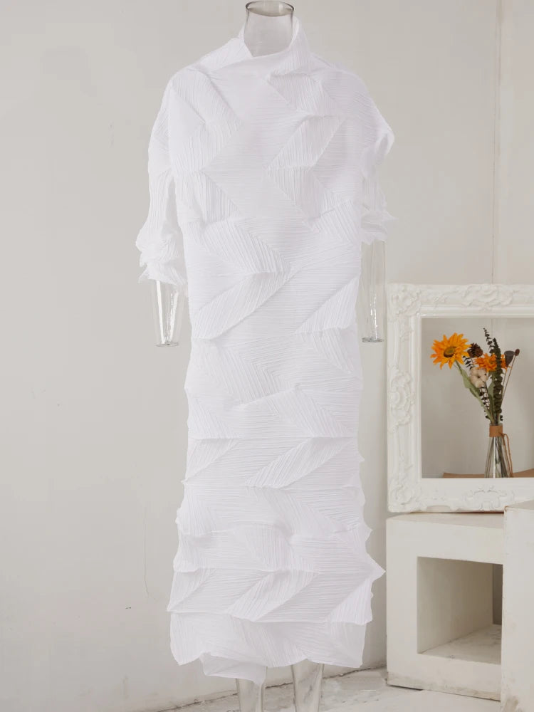 Women's Pleated Turtleneck A-Line Maxi Dress | Vintage Loose Fold Petal Sleeve | Spring 2025 | AvantBah