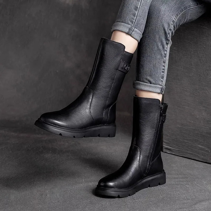 Women’s Genuine Cowhide Leather Mid-Calf Motorcycle Boots – Flat Heel | Round Toe | Fleece or Single Layer | Rubber Sole | CN 35–41 | Brown & Black