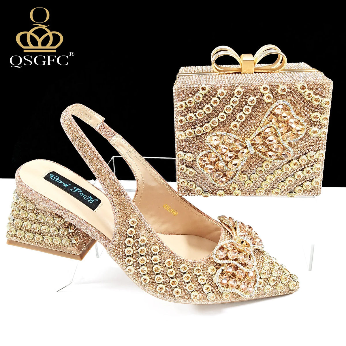 2026 New Arrival Italian-Inspired Champange Rhinestone Pointed Toe Women’s High Heels with Matching Handbag Set Elegant Wedding