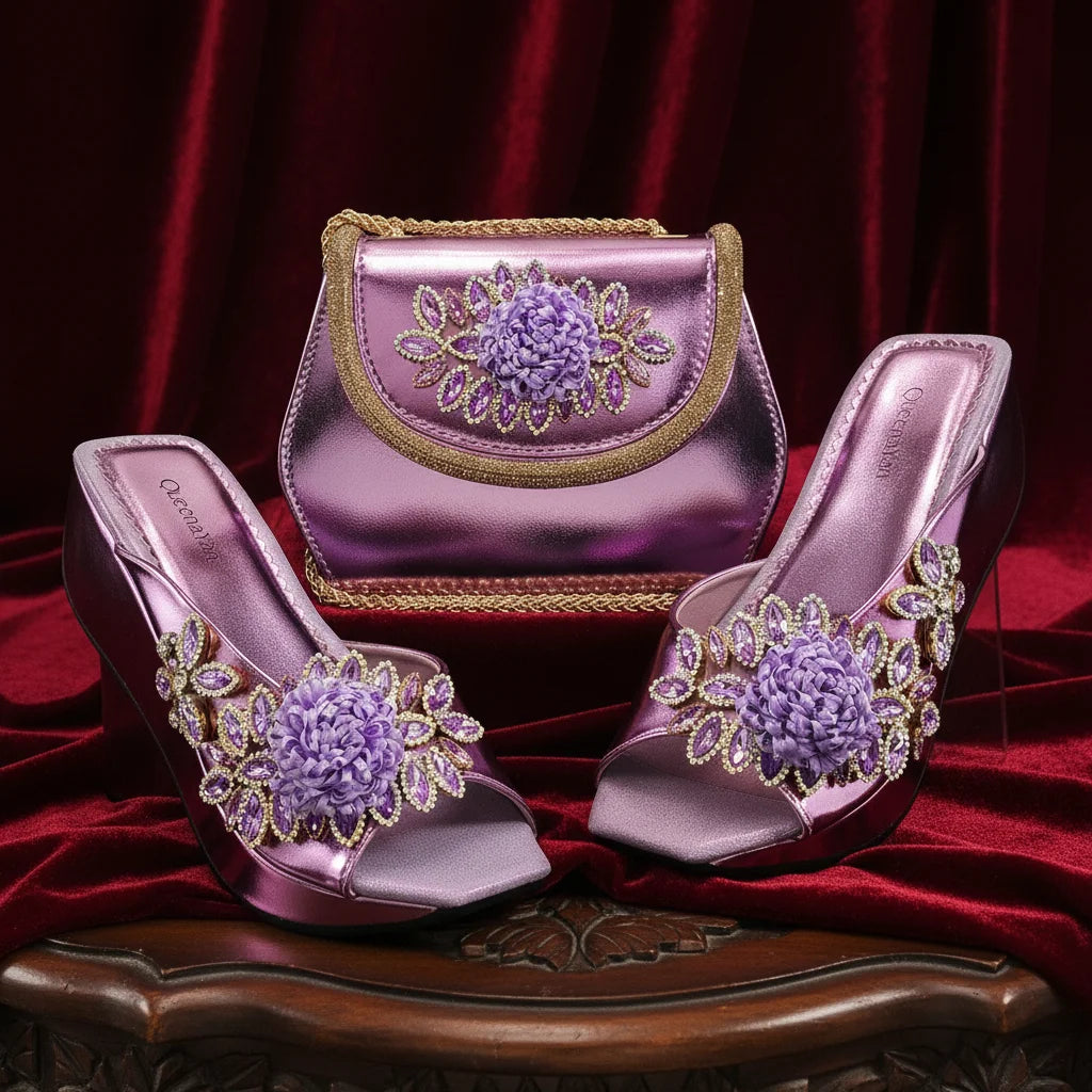 Newest Italian Design Special Synthetic Fabrics Women's Wedge heel Matching Shoe and Bag Set High Heel for Weddings and Parties