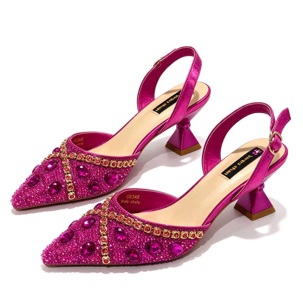 New Italian Design Blue Rhinestone High Heel Shoes & Bag Set Elegant Pointed-Toe For Women Wedding Party Evening Occasions