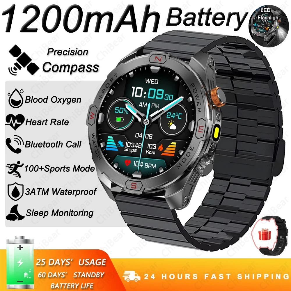 Military Grade 1200 mAh Battery Smart Watch Men LED Flashlight Outdoor Sports Fitness Tracker Compass Bluetooth Call Smartwatch