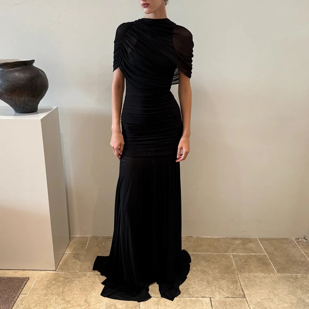 VGH Luxury Galas Event Black Sheer Mesh Ruched Maxi Dress for Women O Neck Short Sleeves Bodycon Silhouette Skirt for Red Carpet