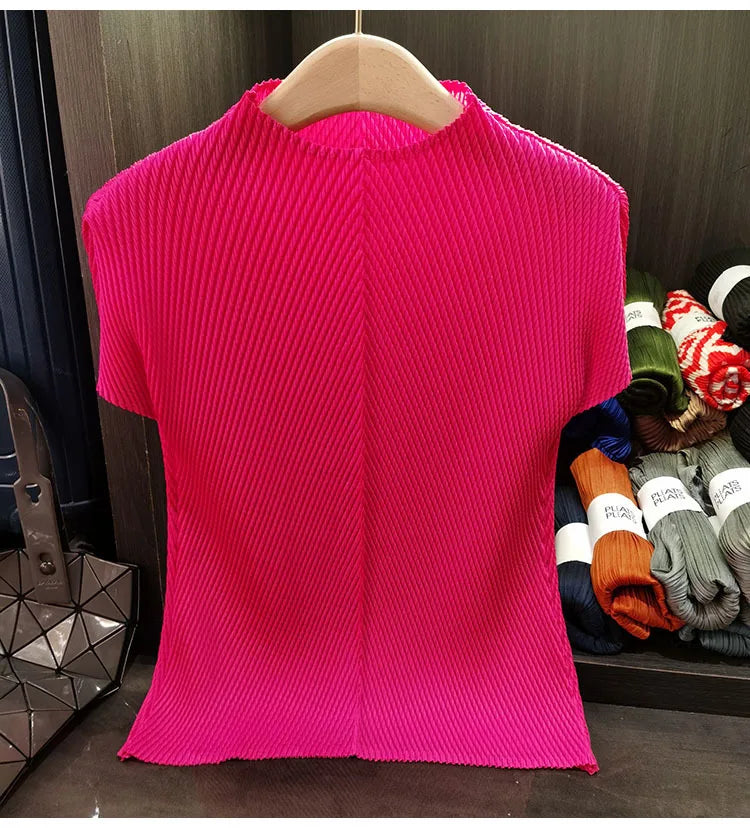 LANMREM Stand Collar Dragon Scale Pleated T-shirt High-end Versatile Slimming Short Sleeved Women's Summer Pullover Tops 2DB3044